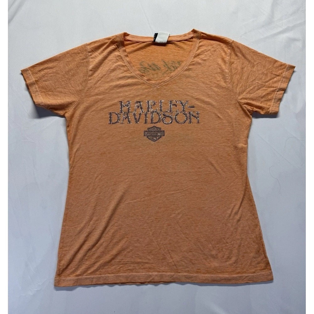 Harley Davidson‎ Womens XL Black Widow Graphic Tee Orange V-neck Florida
